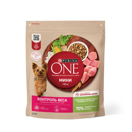 Purina ONE Мини Здоровый вес сухой корм для взрослых собак мелких пород, склонных к набору веса, с высоким содержанием индейки и с рисом - 600 г
