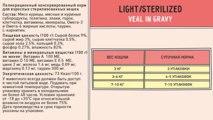 Zillii Sterilized/Light Cat Veal влажный корм для взрослых стерилизованных кошек с телятиной в соусе, в паучах - 85 г х 12 шт