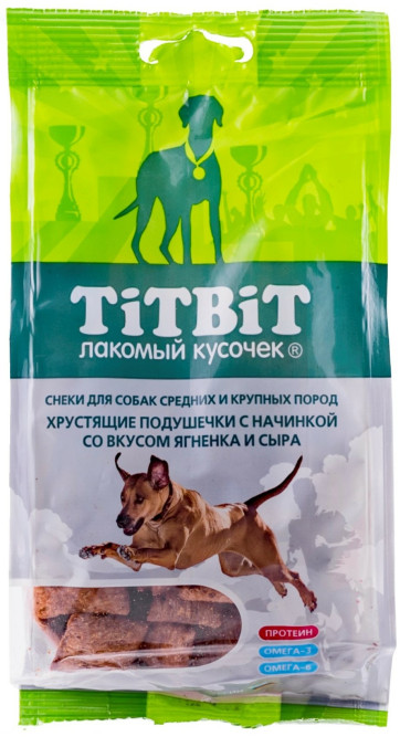 TiTBiT лакомство для собак крупных и средних пород хрустящие подушечки с начинкой со вкусом ягненка и сыра - 95 г
