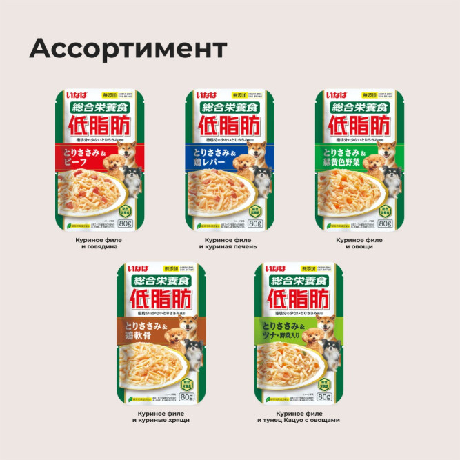 Inaba Teishibo влажный дополнительный корм для взрослых собак всех пород, куриное филе с говядиной в желе, в паучах - 80 г х 12 шт