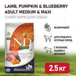 Farmina N&amp;D Pumpkin Dog Grain Free Lamb &amp; Blueberry Adult Medium &amp; Maxi сухой беззерновой корм для взрослых собак средних и крупных пород с ягненком, черникой и тыквой - 2,5 кг
