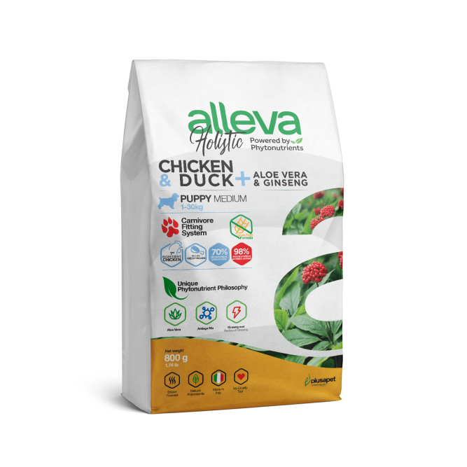 Alleva Holistic Puppy/Junior Chicken &amp; Duck Medium сухой корм для щенков и юниоров с курицей и уткой, алое вера и женьшенем - 800 г
