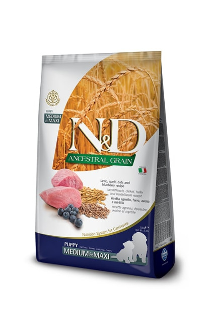 Farmina N&amp;D Ancestral Grain Dog Lamb Blueberry Puppy Medium &amp; Maxi сухой низкозерновой корм для щенков средних и крупных пород, беременных и кормящих собак с ягненком и черникой - 2,5 кг. СРОК ГОДНОСТИ ДО 30.06.2026