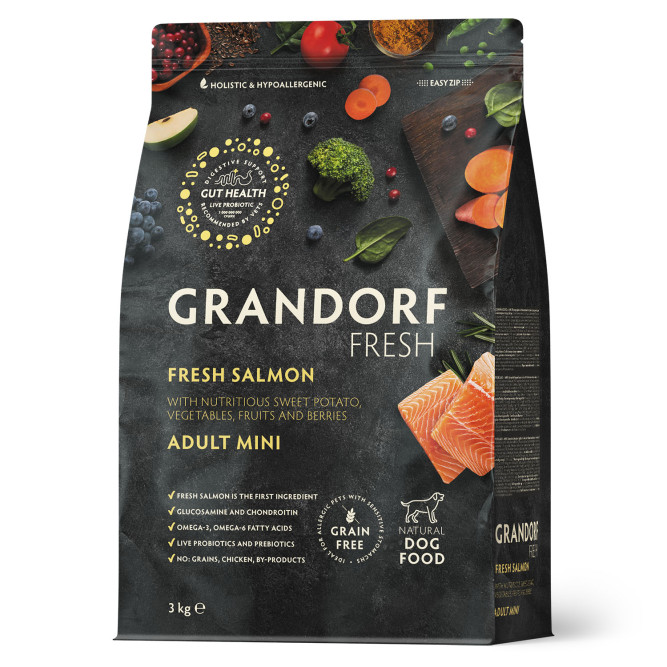 Grandorf Fresh Dog Adult Mini Salmon&amp;Sweet Potato сухой беззерновой корм с живыми пробиотиками для взрослых собак мелких пород с филе лосося и бататом - 3 кг