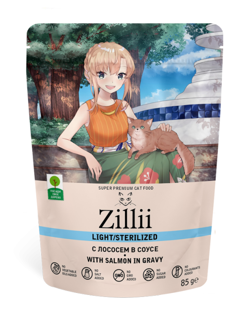 Zillii Sterilized/Light Cat Salmon влажный корм для взрослых стерилизованных кошек с лососем в соусе, в паучах - 85 г х 12 шт
