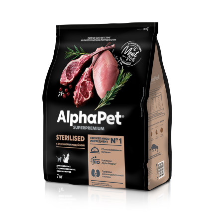 AlphaPet Superpremium полнорационный сухой корм для взрослых стерилизованных кошек с ягненком и индейкой - 7 кг