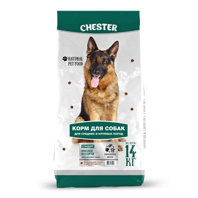 Chester Стандарт сухой корм для взрослых собак средних и крупных пород, мясное ассорти - 14 кг