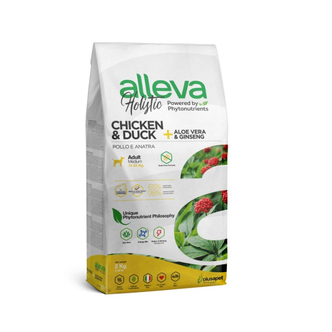 Alleva Holistic Adult Chicken &amp; Duck Medium сухой корм для взрослых собак с курицей и уткой, алое вера и женьшенем - 2 кг