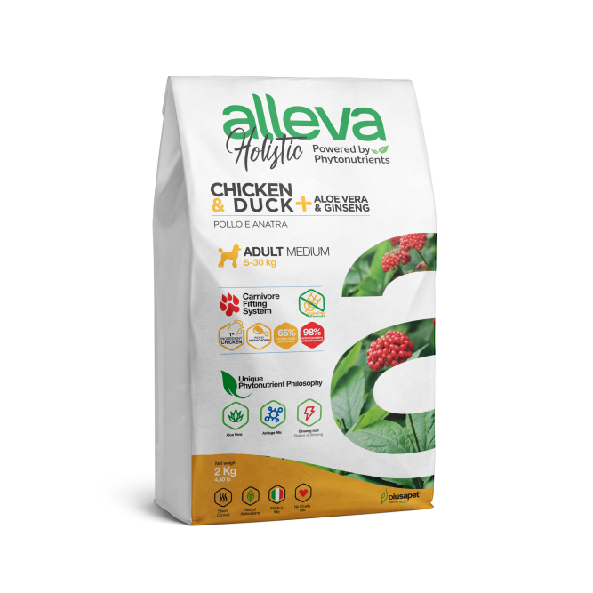 Alleva Holistic Adult Chicken &amp; Duck Medium сухой корм для взрослых собак с курицей и уткой, алое вера и женьшенем - 2 кг