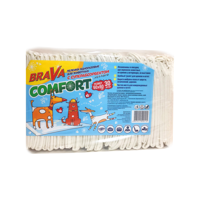 Brava Comfort пеленки впитывающие одноразовые для животных с суперабсорбентом, 60х60 см - 30 шт