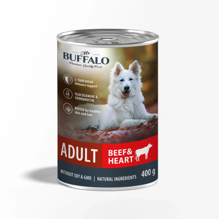 Mr.Buffalo Adult влажный корм для взрослых собак с говядиной и сердцем, в консервах - 400 г х 9 шт