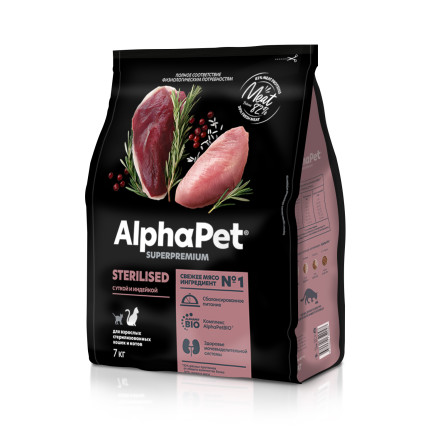 AlphaPet Superpremium полнорационный сухой корм для взрослых стерилизованных кошек с уткой и индейкой - 7 кг