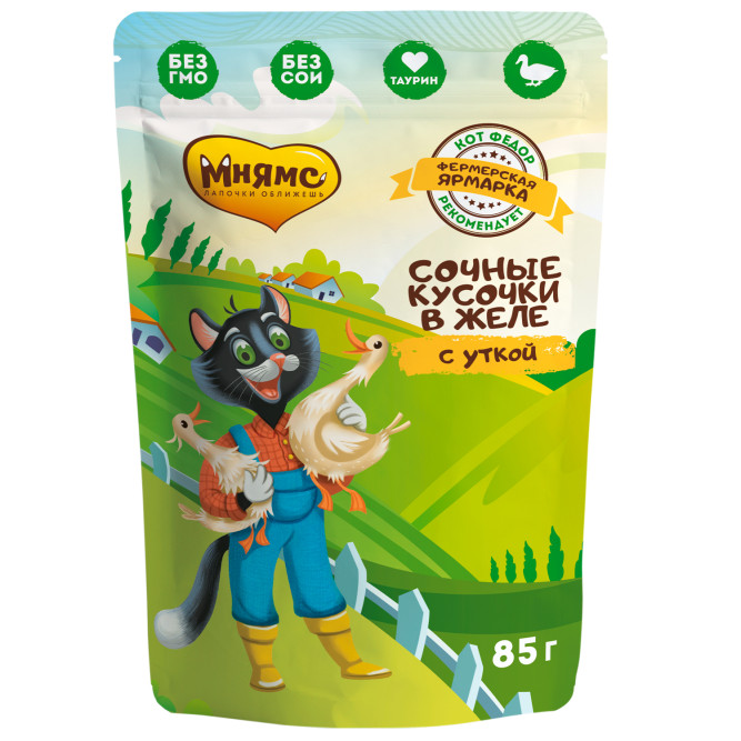 Мнямс Кот Федор "Фермерская ярмарка" влажный корм для взрослых кошек с уткой, кусочки в желе, в паучах - 85 г х 12 шт (+12 шт В ПОДАРОК)