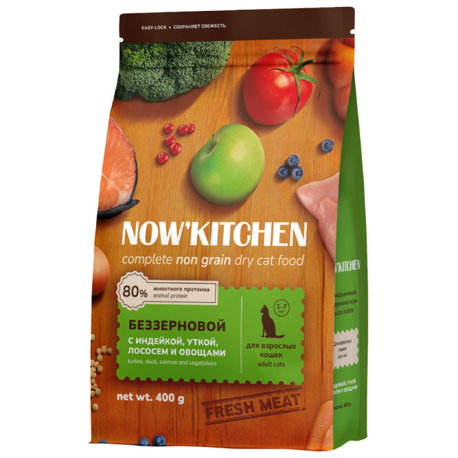 NOW' Kitchen сухой беззерновой корм для взрослых кошек, со свежей индейкой, уткой, лососем и овощами - 400 г