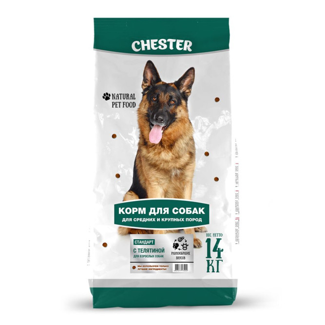 Chester Стандарт сухой корм для взрослых собак средних и крупных пород с телятиной - 14 кг