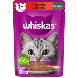 Whiskas влажный корм для взрослых кошек, паштет с говядиной и печенью, в паучах - 75 г х 24 шт