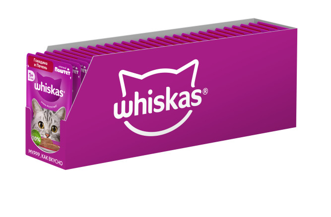 Whiskas влажный корм для взрослых кошек, паштет с говядиной и печенью, в паучах - 75 г х 28 шт