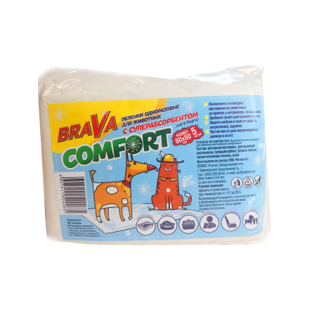Brava Comfort пеленки впитывающие одноразовые для животных с суперабсорбентом, 60х60 см - 5 шт