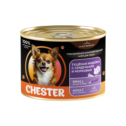 Chester Premium влажный корм для взрослых собак мелких пород, тушёная индейка с сердечками и морковью, в консервах - 240 г х 6 шт