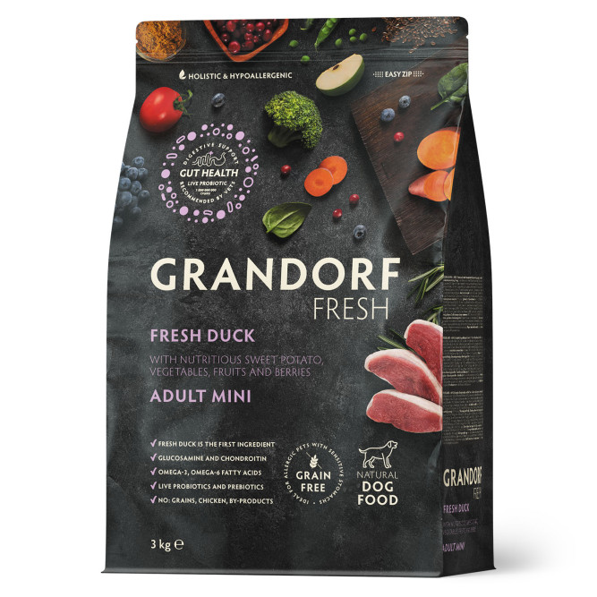 Grandorf Fresh Dog Adult Mini Duck&amp;Sweet Potato сухой беззерновой корм с живыми пробиотиками для взрослых собак мелких пород с уткой и бататом - 3 кг