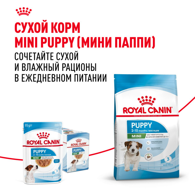 Royal Canin Mini Puppy влажный корм для щенков мелких пород в возрасте до 10 месяцев, кусочки в соусе, в паучах - 85 г х 28 шт