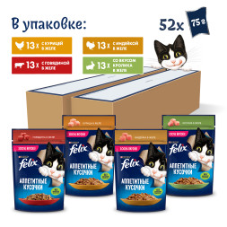 Felix Аппетитные кусочки влажный корм для кошек мультипак с курицей, индейкой, говядиной и кроликом в желе, в паучах - 75 г х 52 шт