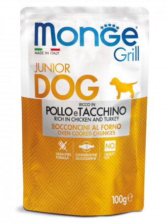 Monge Dog Grill Puppy &amp; Junior влажный корм для щенков всех пород с курицей и индейкой в паучах 100 г (24 шт в уп)