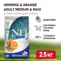 Farmina N&amp;D Ocean Dog Herring And Orange Adult Medium &amp; Maxi сухой беззерновой корм для взрослых собак средних и крупных пород с сельдью и апельсином - 2,5 кг