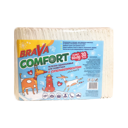 Brava Comfort пеленки впитывающие одноразовые для животных с суперабсорбентом, 60х90 см - 30 шт