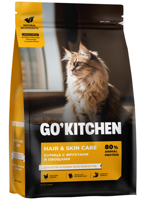 Go' Kitchen Hair &amp; Skin Care сухой корм для котят и кошек, с курицей, фруктами и овощами - 3,63 кг