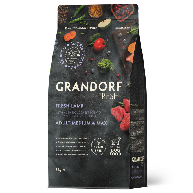 Grandorf Fresh Dog Adult Med&amp;Maxi Lamb&amp;Sweet Potato сухой беззерновой корм с живыми пробиотиками для взрослых собак средних и крупных пород с ягненком и бататом - 1 кг