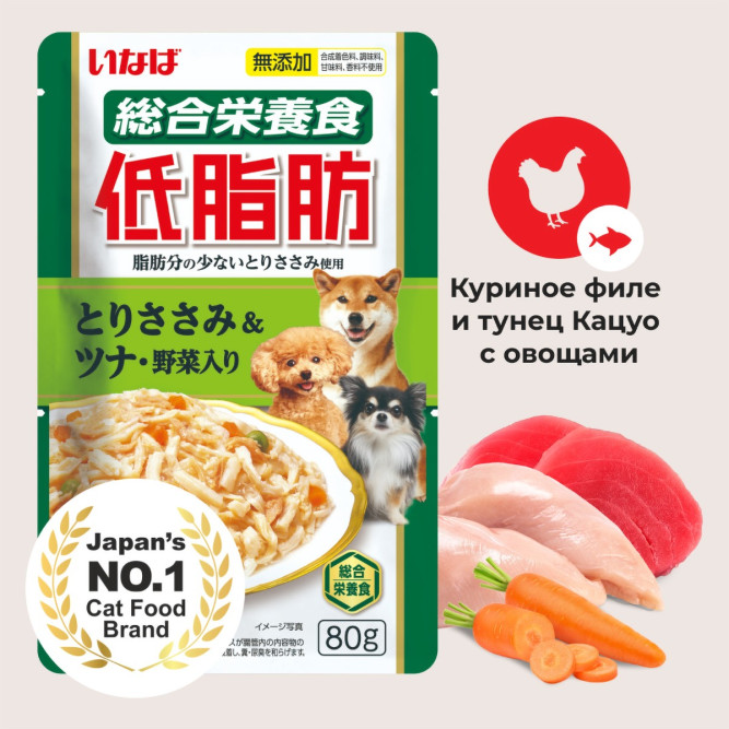 Inaba Teishibo влажный дополнительный корм для взрослых собак всех пород, куриное филе с тунцом и овощами в желе, в паучах - 80 г х 12 шт