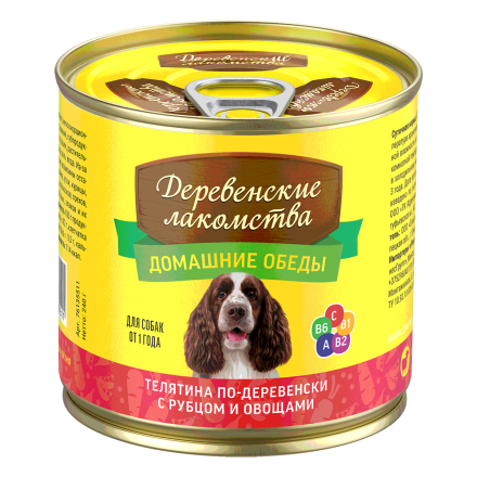 Деревенские лакомства влажный корм для взрослых собак всех пород &quot;Домашние обеды&quot; с телятиной по-деревенски, рубцом и овощами, в консервах - 240 г х 6 шт