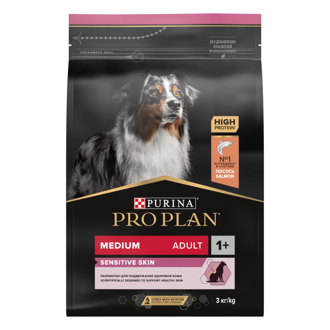 Pro Plan Adult Sensitive Skin сухой корм для взрослых собак средних пород с чувствительной кожей, с лососем - 3 кг