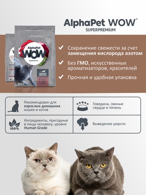 AlphaPet WOW Superpremium сухой полнорационный корм для взрослых домашних кошек и котов c говядиной и печенью - 350 г