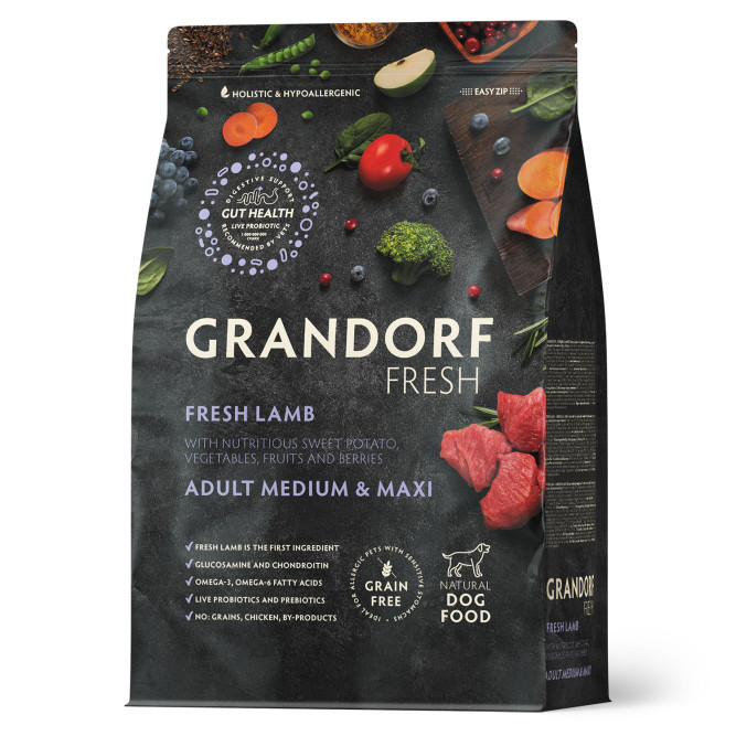 Grandorf Fresh Dog Adult Med&amp;Maxi Lamb&amp;Sweet Potato сухой беззерновой корм с живыми пробиотиками для взрослых собак средних и крупных пород с ягненком и бататом - 3 кг