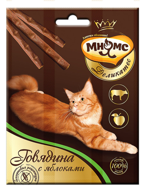 Мнямс Деликатес лакомые палочки для кошек с говядиной и яблоками 9 см - 3х4 г