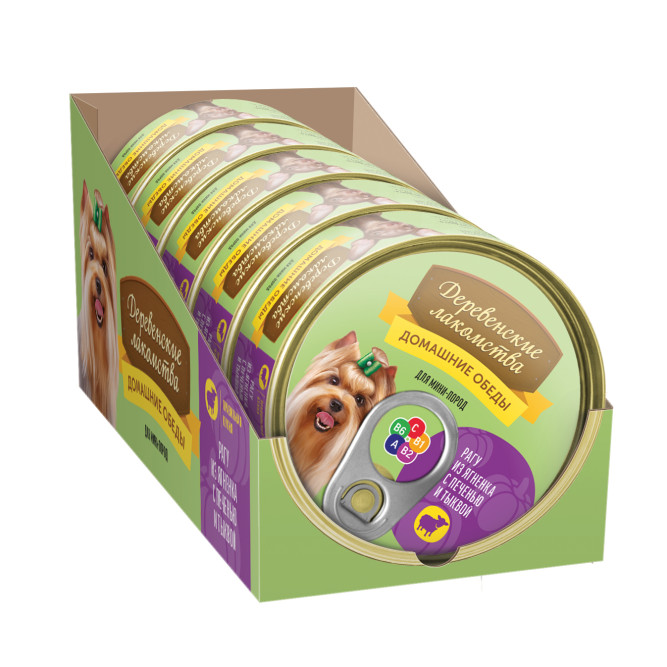 Консервы для мини пород Деревенские лакомства Домашние обеды Рагу из ягненка с печенью и тыквой - 100 г х 5 шт