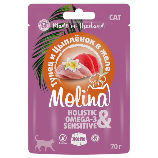 Molina паучи для кошек с тунцом и цыпленком, в желе - 70 г x 24 шт