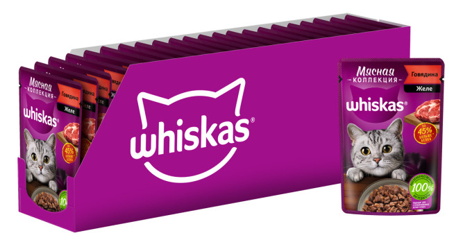 Whiskas Мясная коллекция влажный корм для взрослых кошек, с говядиной, в паучах - 75 г х 28 шт