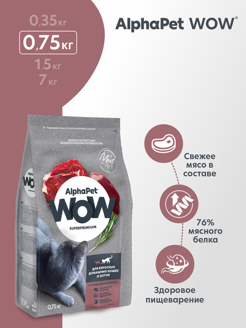 AlphaPet WOW Superpremium сухой полнорационный корм для взрослых домашних кошек и котов c говядиной и печенью - 750 г