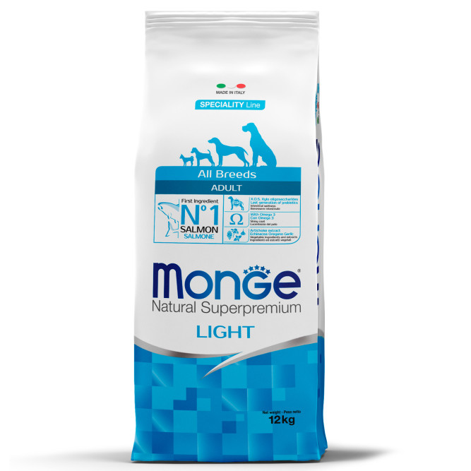 Monge Dog Speciality Light сухой корм для взрослых собак всех пород при избыточном весе с лососем и рисом - 12 кг
