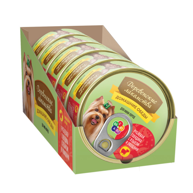Консервы для мини пород Деревенские лакомства Домашние обеды Рубленая говядина с языком и овощами - 100 г х 5 шт