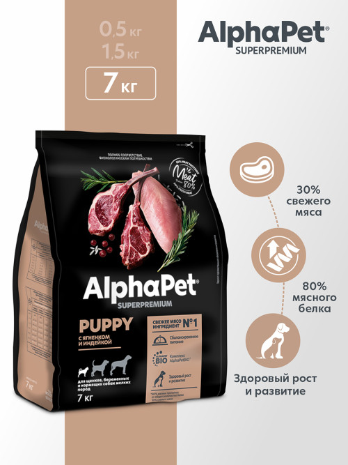 AlphaPet Superpremium полнорационный сухой корм для щенков, беременных и кормящих собак мелких пород с ягненком и индейкой - 7 кг
