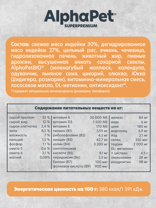 AlphaPet Superpremium Monoprotein сухой корм для взрослых кошек с индейкой - 1,5 кг