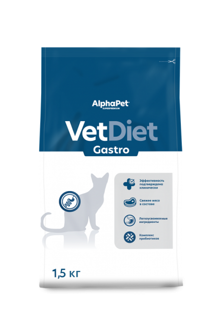 AlphaPet Vet Diet Gastro сухой диетический корм для взрослых кошек и котов при острых расстройствах пищеварения, в реабилитационный период и при истощении - 1,5 кг