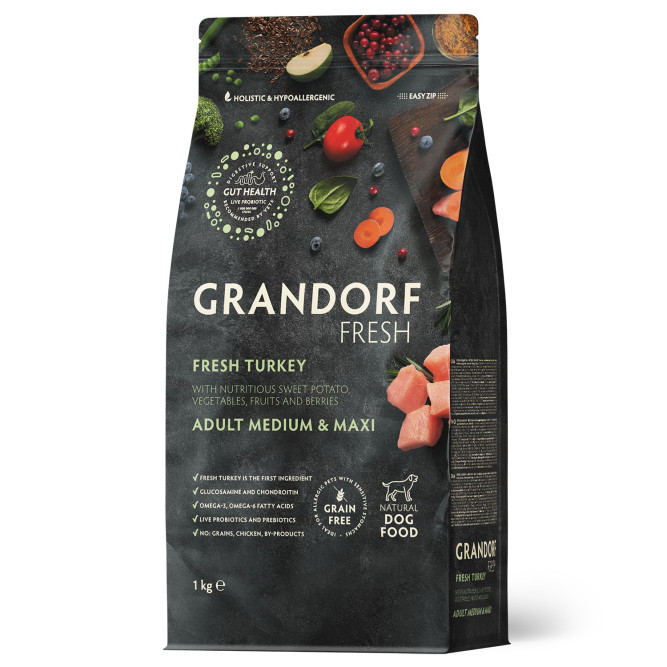 Grandorf Fresh Dog Adult Med&amp;Maxi Turkey&amp;Sweet Potato сухой беззерновой корм с живыми пробиотиками для взрослых собак средних и крупных пород с индейкой и бататом - 1 кг