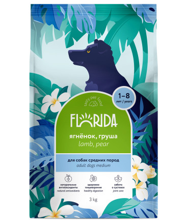 Florida сухой корм для взрослых собак средних пород с ягненком и грушей - 3 кг