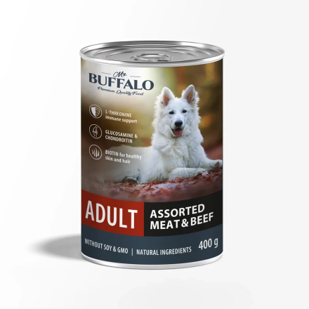 Mr.Buffalo Adult влажный корм для взрослых собак, мясное ассорти с говядиной, в консервах - 400 г х 9 шт