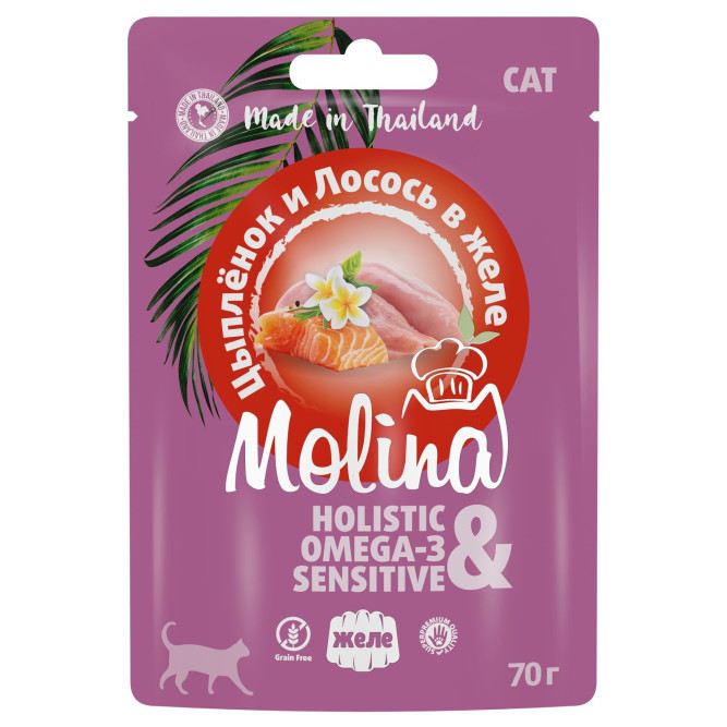 Molina паучи для кошек с цыпленком и лососем, в желе - 70 г x 24 шт